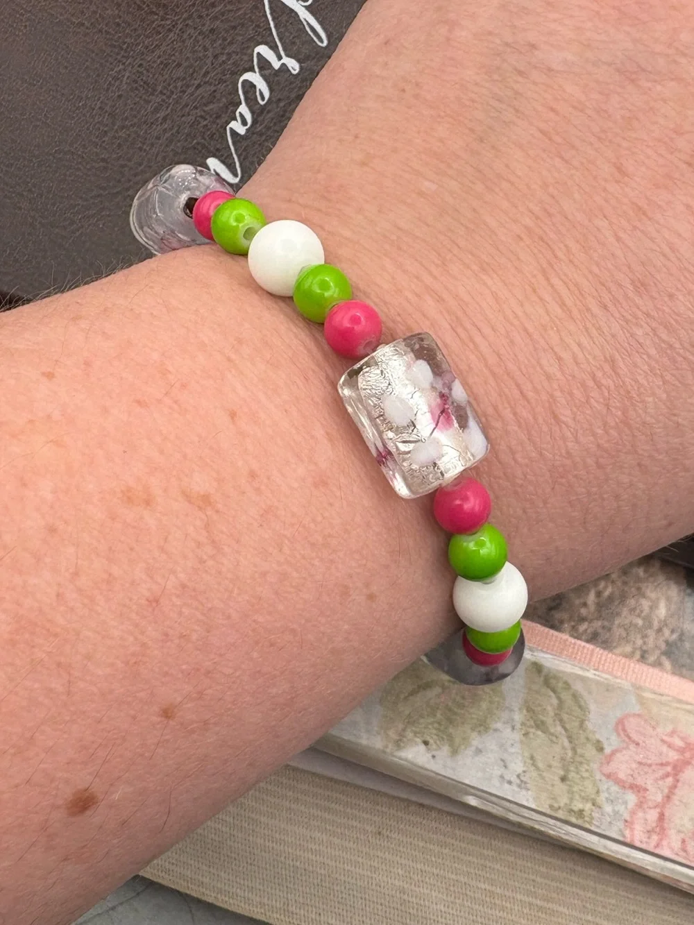 Y2K Handmade Beaded Stretch Bracelet Pink Green White Floral Glass Beads